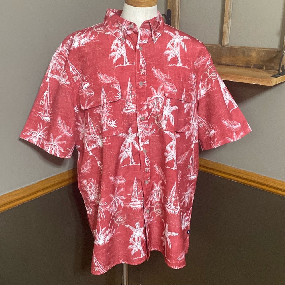 Chaps red & white Hawaiian print short Sleeve button down shirt size XL